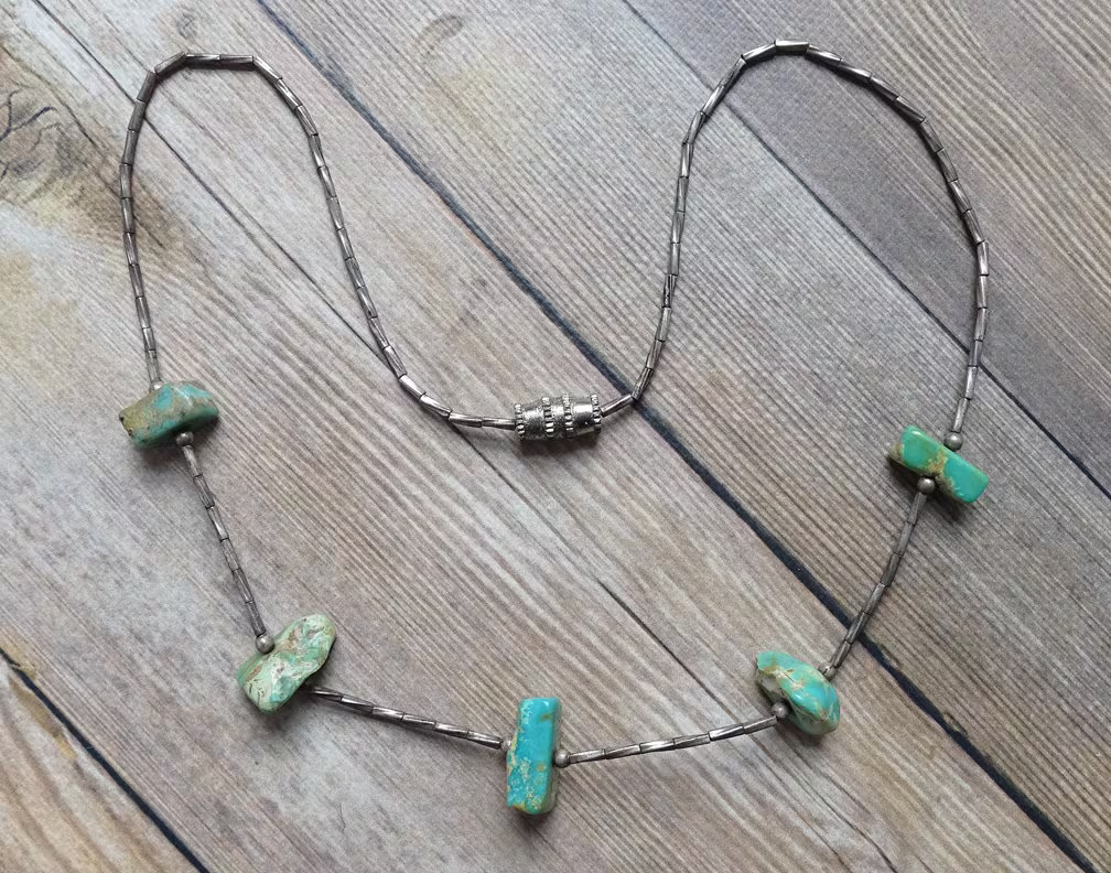 Vintage, Small Child Necklace, Southwestern Style, Liquid Silver, & Turquoise Nugget, 13.5 Inch, Nugget Necklace