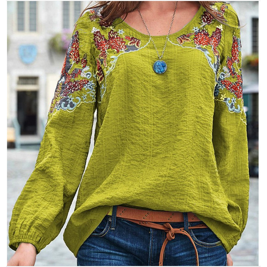 Long Sleeve Cotton-Blend Crew Neck Plain Tops - Green, S