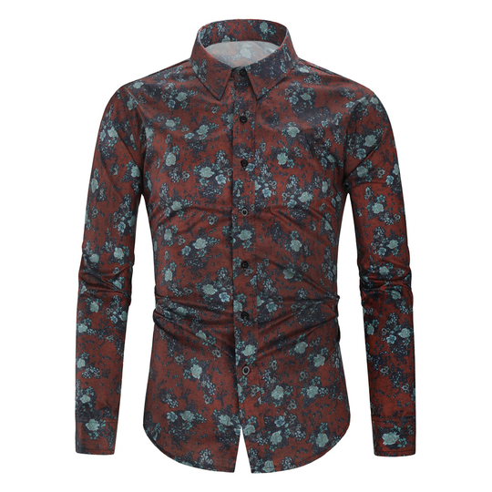 Men's Long-Sleeved Shirt Lapel Single-Breasted Retro Printed Cotton Polyester Blended Flowers Slim Fit Male For Casual Shirt - burgundy, xl - xl red