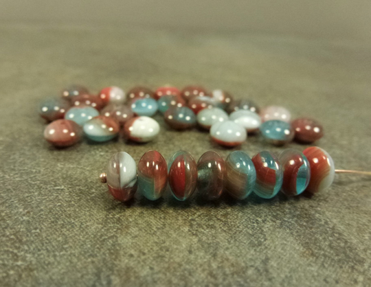 Red/Blue Blend Czech Pressed Glass Puffed Rondelle Beads 4x7mm 30Pc Saucer Smooth Disc Donut