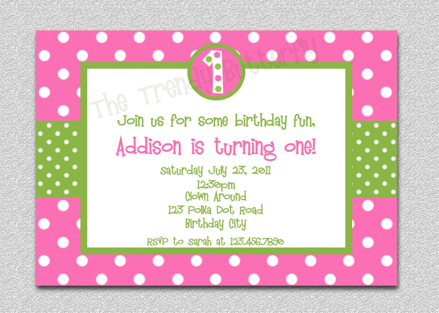 Hot Pink Polka Dot Birthday Invitation, & Green Invitation