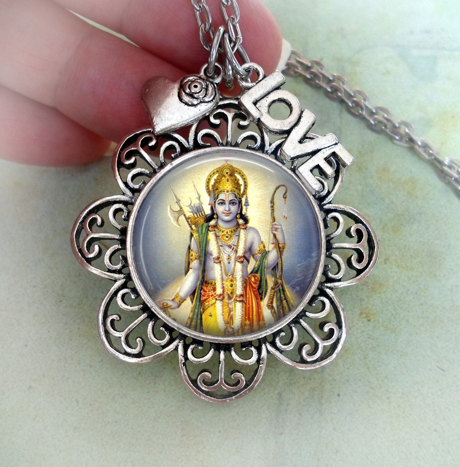 Rama Necklace W-Heart & Love Charms, Hindu God-Morality, Virtue, Ideal Son, Student, Teacher, Brother, Man