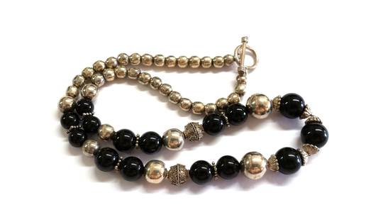 Modernist Sterling Silver Balls & Black Round Beaded Necklace