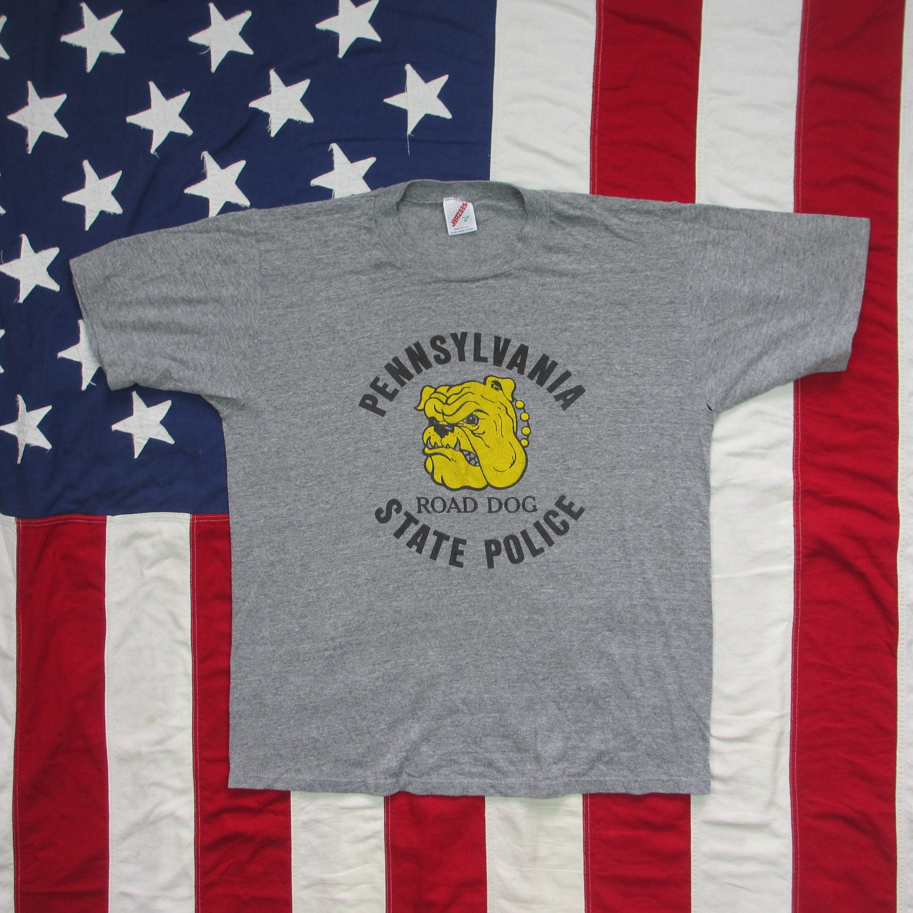 Vintage 1980's Tri-Blend Pennsylvania State Police Road Dog Graphic T-Shirt Medium/Large Jerzees Soft Thin Heather Grey Bulldog Cops"