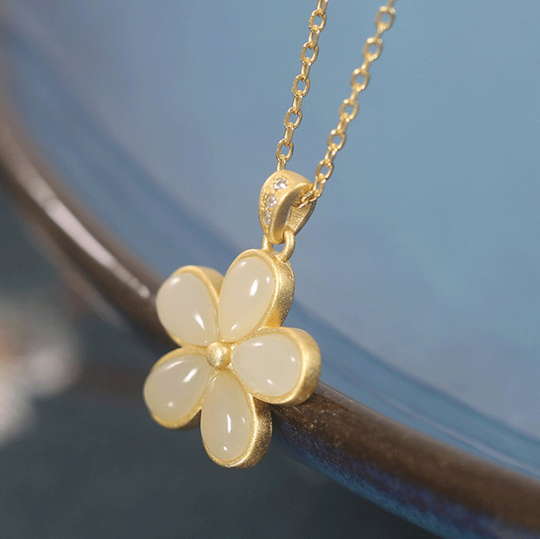 Genuine Hetian Jade Flower S925 Sterling Silver Gold Pendant Necklace, Authentic Pendant, Gift For Women