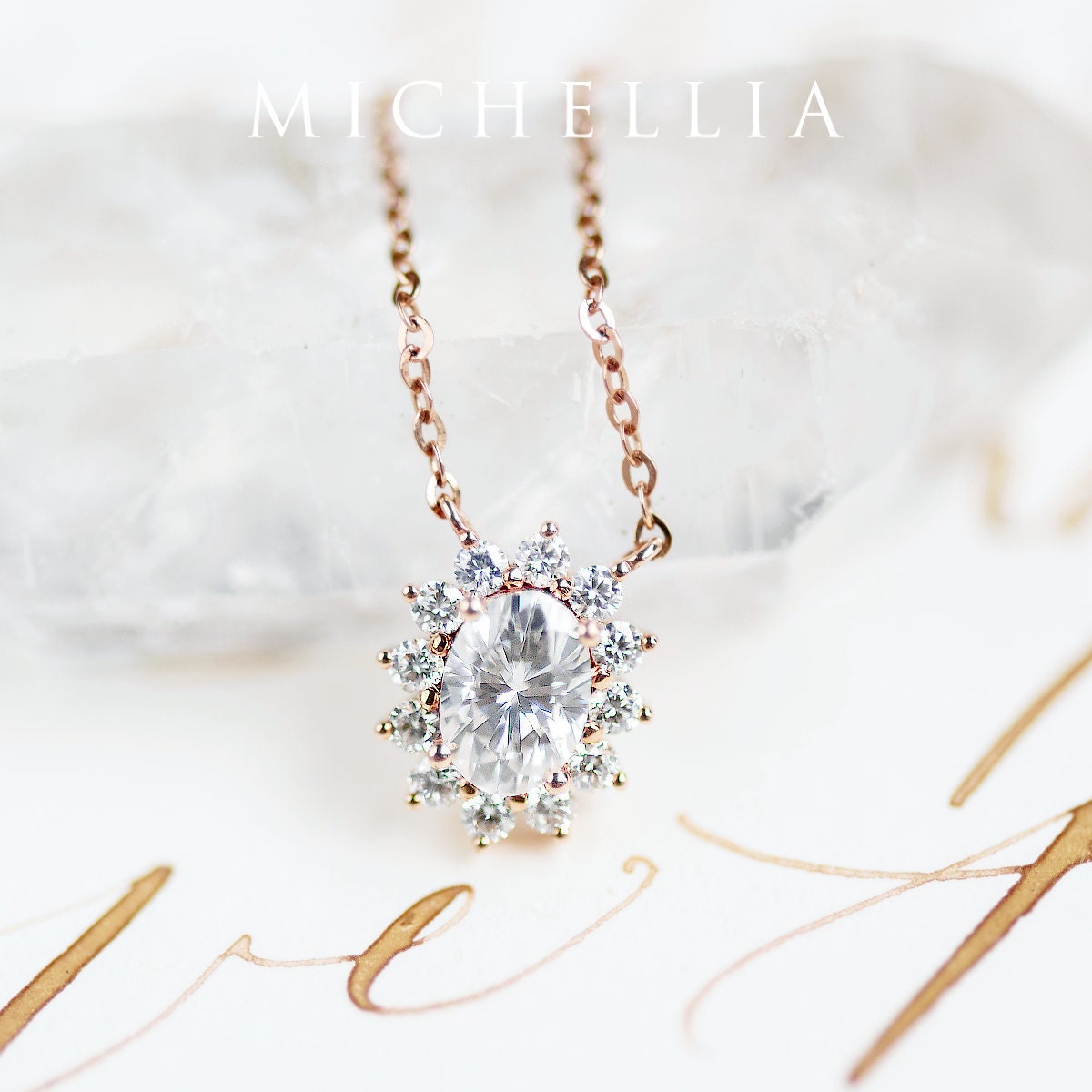 Julianne Moissanite & Diamond Necklace, Vintage Bloom Oval Cluster Flower Bridal Wedding Gift, Rose Gold