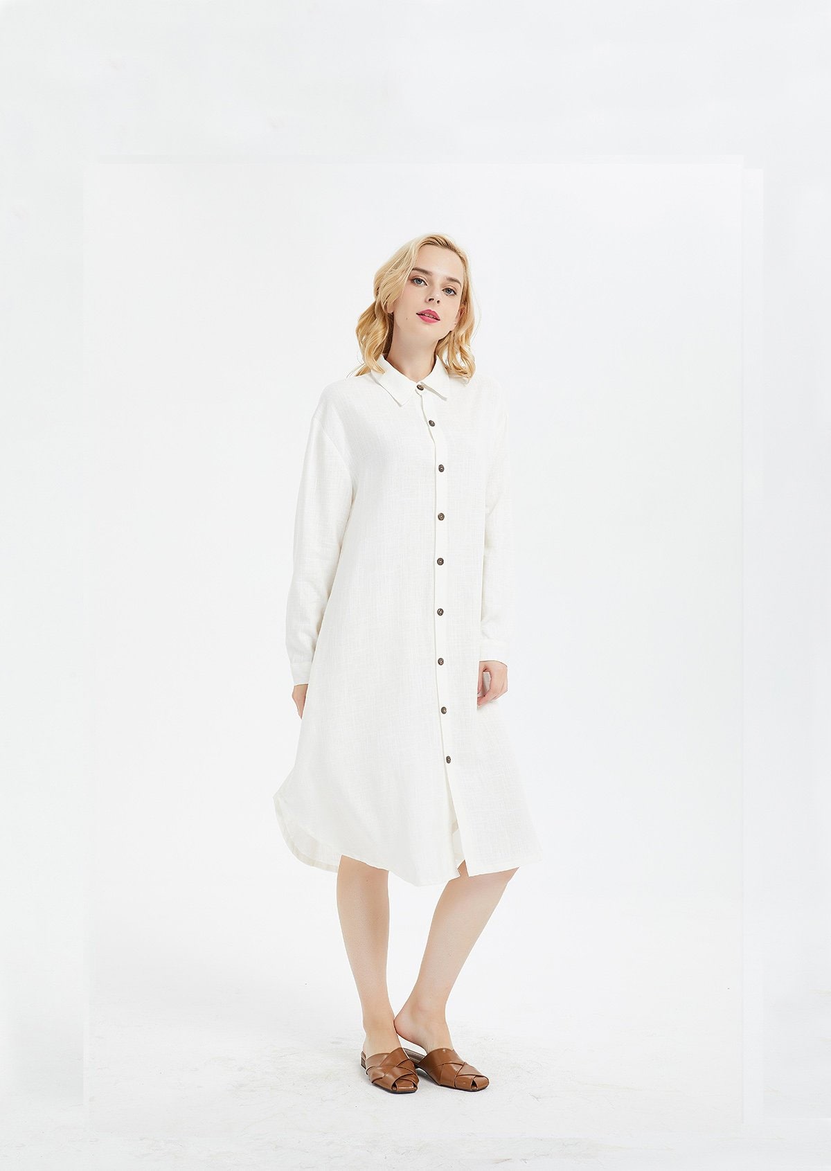 Women's Linen Long Sleeves Midi Shirt Dress Loose Cotton Kaftan Oversize Bridesmaid Plus Size Summer With Button R1