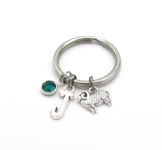 Sheep Ram Keychain - Birthstone & Initial, Keychain, Keyring, Accessories, Charm, Farmer Gift, Bag Charm