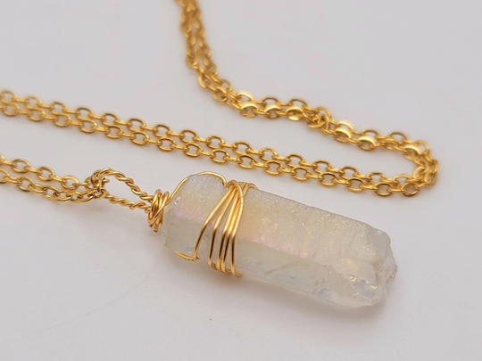 Natural Handmade Crystal Necklace Gold Wire Wrapped Rainbow Aura Quartz Healing Tone