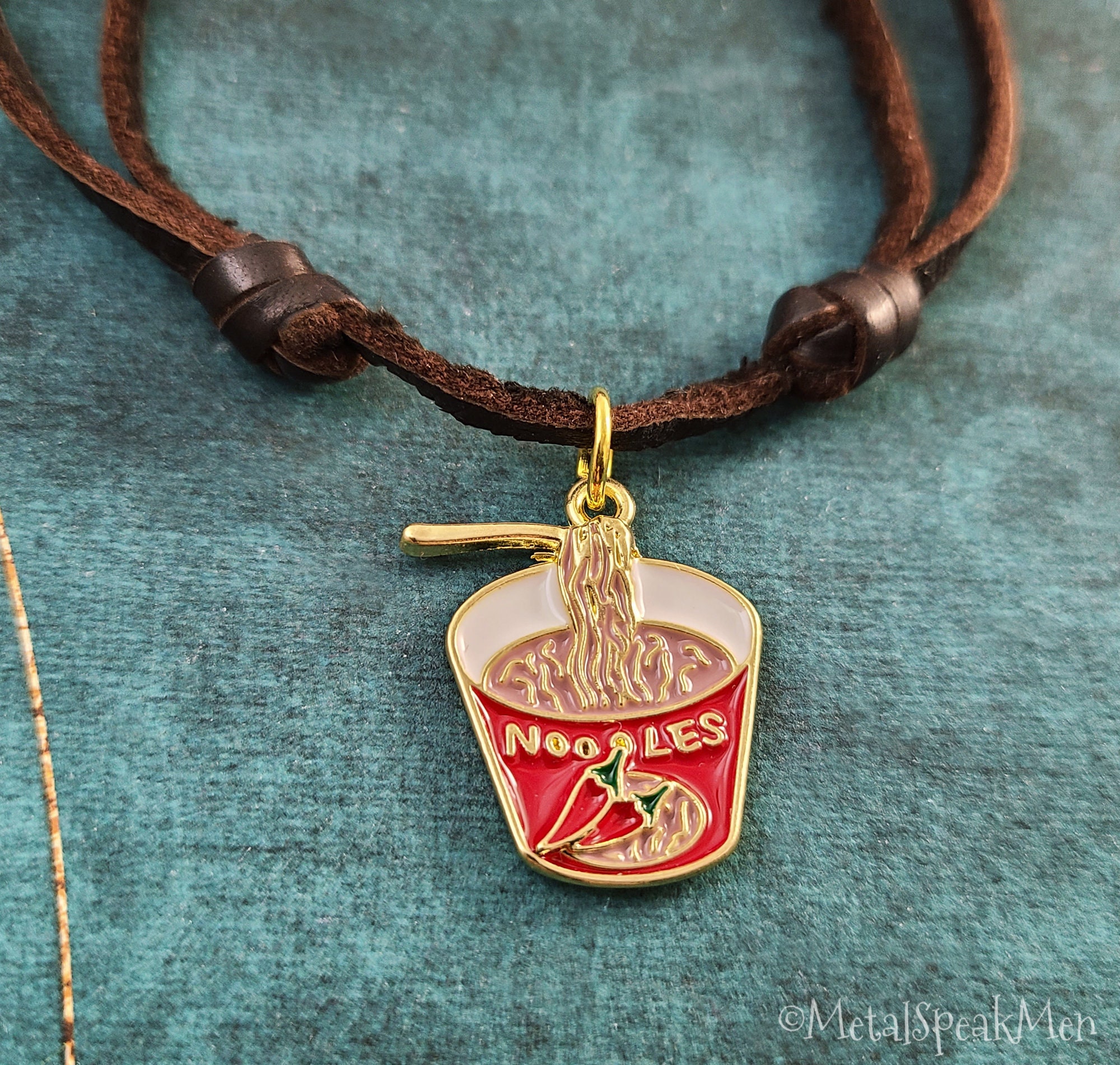 Ramen Necklace Spicy Noodles Jewelry Charm Pendant Brown Leather Cord Mens Boyfriend