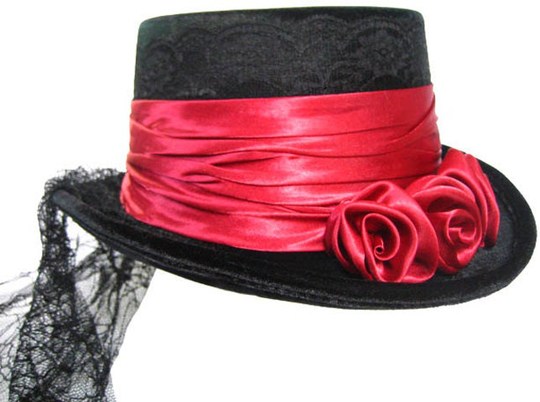 Black & Red Victorian Ladies Short Top Riding Hat With Tail