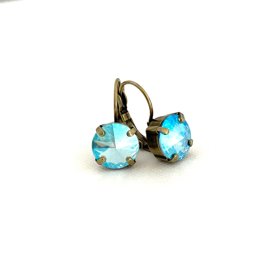 Aquamarine Shimmer 10mm Ab Crystal Drop Earrings ~ Iridescent Blue Green Antique Brass Gifts For Her