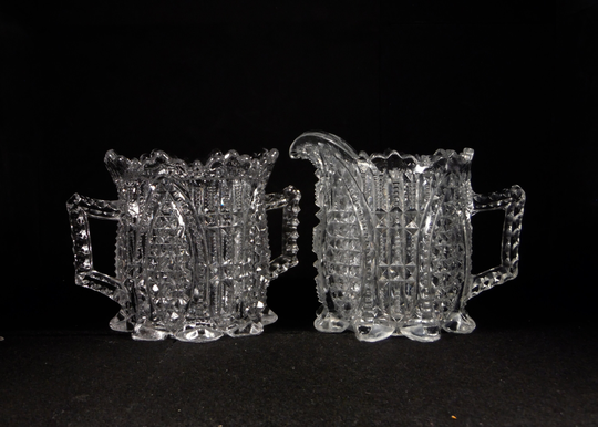 Early American Pressed Glass Table Sugar & Creamer, John B Higbee Co, Fortuna | Omn A/K/A Perkins, 1913