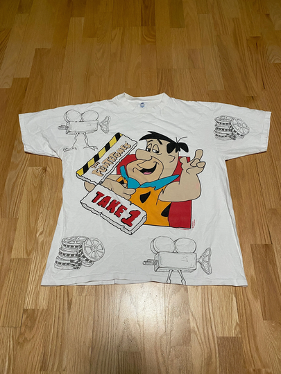 Vintage 90S Flintstones Take 1 All Over Print Fred White Single Stitch Short Sleeve Cotton T Shirt Size Xl