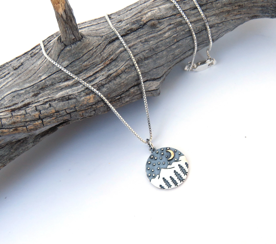 Moon & Star Necklace, Gift For Nature Lovers, Mountain Trees Outdoor Lover Jewelry, Necklace