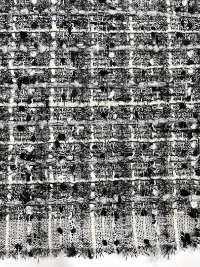 Tweed Plaid Fabric, Luxury Black White Check Boucle, Cotton Blend Tartan Woven With Silver Lurex, For Jacket, Blazer, By 2.5 Meter