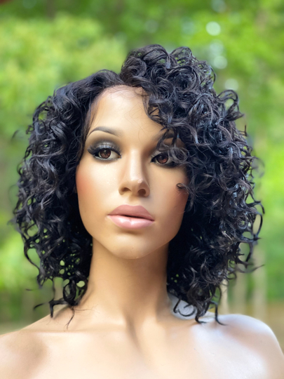 Human Hair Blend Wig 1B Off Black 12" Short Curly Bob Lace Front Wig Middle Part