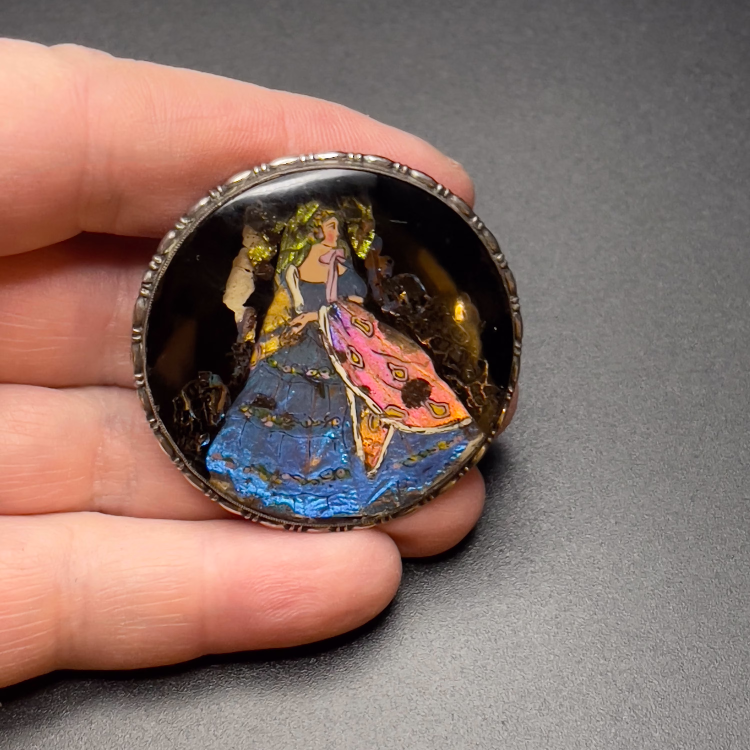 Thomas Mott Sterling Silver Round Brooch, Iridescent Butterfly Wing Woman in Victorian Dress