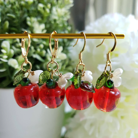 Apple Earrings, Red Glass Drop Food Fruit Lampwork Earrings