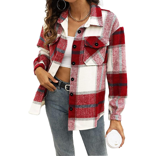 Womens Flannel Shacket Jacket Casual Plaid Wool Blend Button Down Long Sleeve Shirt Fall Clothes Outfits 2022 - red, x-small