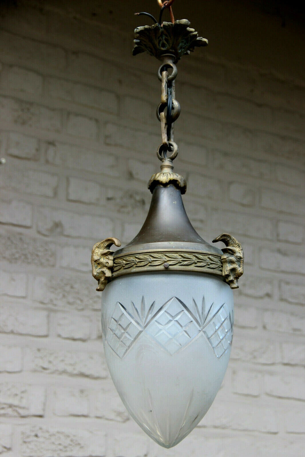 Antique French Lantern Pendant Lamp Chandelier Crystal Glass Shade Ram Heads