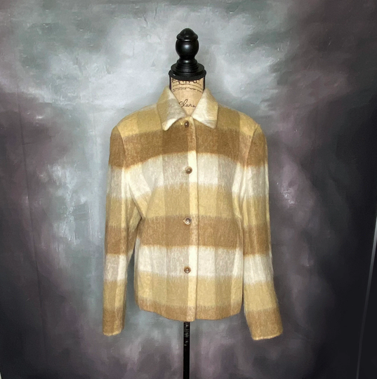 90's Brown & Beige Plaid Wool Mohair Blend Jacket, Olsen Europe, Large