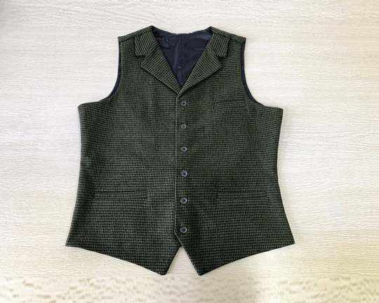 Green Houndstooth Wool Blend Men's Vest Groomsmen Waistcoat Tailored Collar 3 Pockets 6 Buttons
