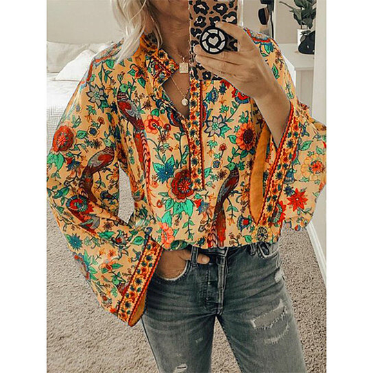 White Long Sleeve Floral Cotton-Blend Floral-Print Shirts - Orange, 3XL