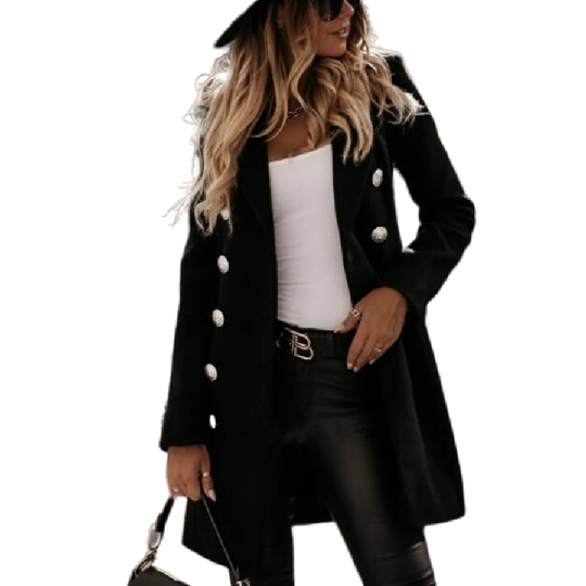 Women Elegant Double Breasted Wool Blend Coat - Black, XL
