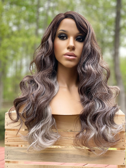 Human Hair Blend Wig Full Cap Wig 18" Body Wave Ombré Brown with Gray Highlights Wavy Hair