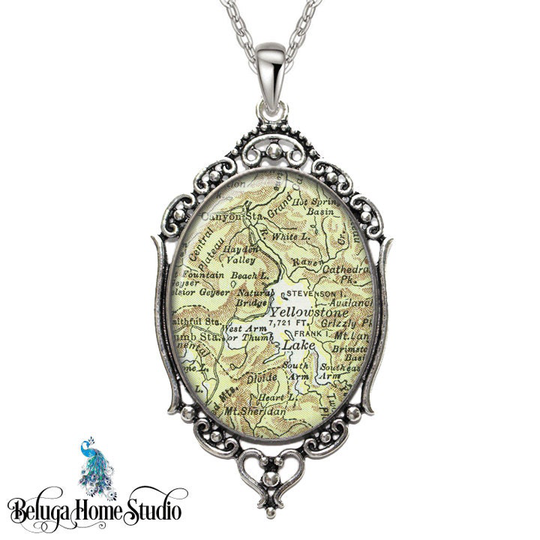 Vintage Map Necklace Oval Filigree Pendant Yellowstone National Park Wyoming Antique State Of Wy