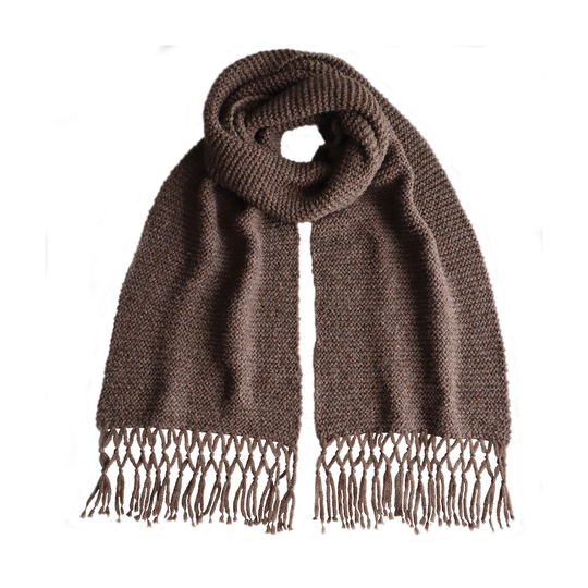Women's Scarf Alpaca Blend, Hand Knitted With Knotted Fringes, Color Taupe