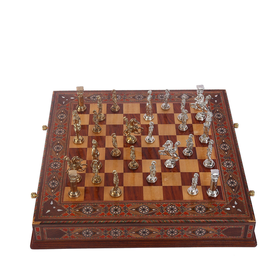 Historical Rome Figures Metal Chess Set Handmade Pieces, Natural Solid Wooden Chessboard, Original Pearl Around Board, Storage Inside King 4"