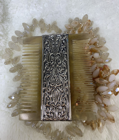 Valentines Day Gift For Her, Mom To Be Gift, Double Sided Silver & Ram Horn Handmade Hair Comb, Decorative Comb With Oriental Design