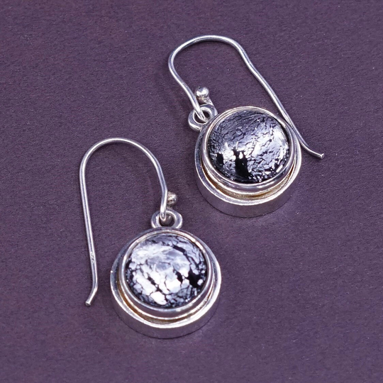 Vintage | 300097 Sterling Silver Handmade Earrings, Solid 925 With Black & White Artisan Glass Drops, Stamped