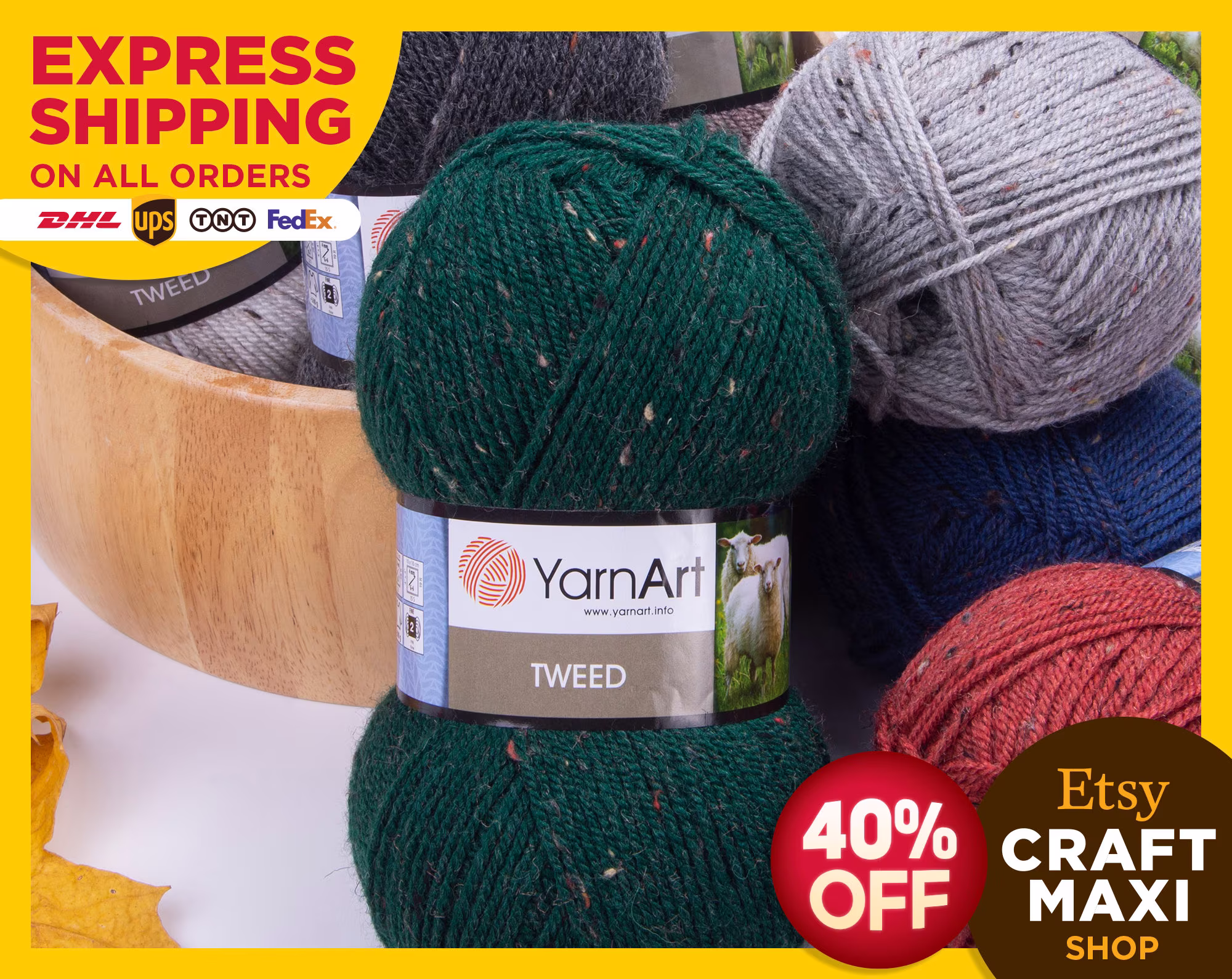 Yarnart Tweed - Knitting Yarn, Wool Blend Winter Cardigan Sweater Soft Crochet 30% Wool, 3.52 Oz, 328.08 Yds