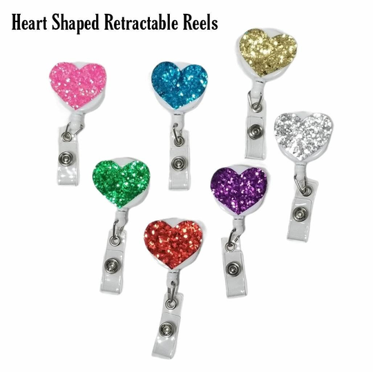 Badge Reel Heart Shaped Retractable Glitter Id Card Business Amusement Park Work Sparkly Heart Bling Choose Color