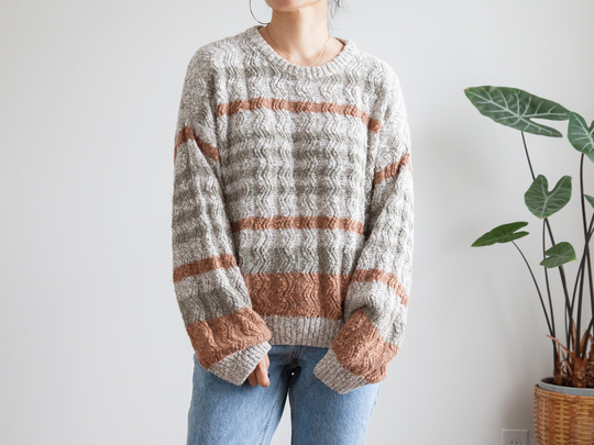 Vintage Striped Beige Cotton Linen Blend Slouchy Knit Sweater/Crew Neck, Unisex Size Xl