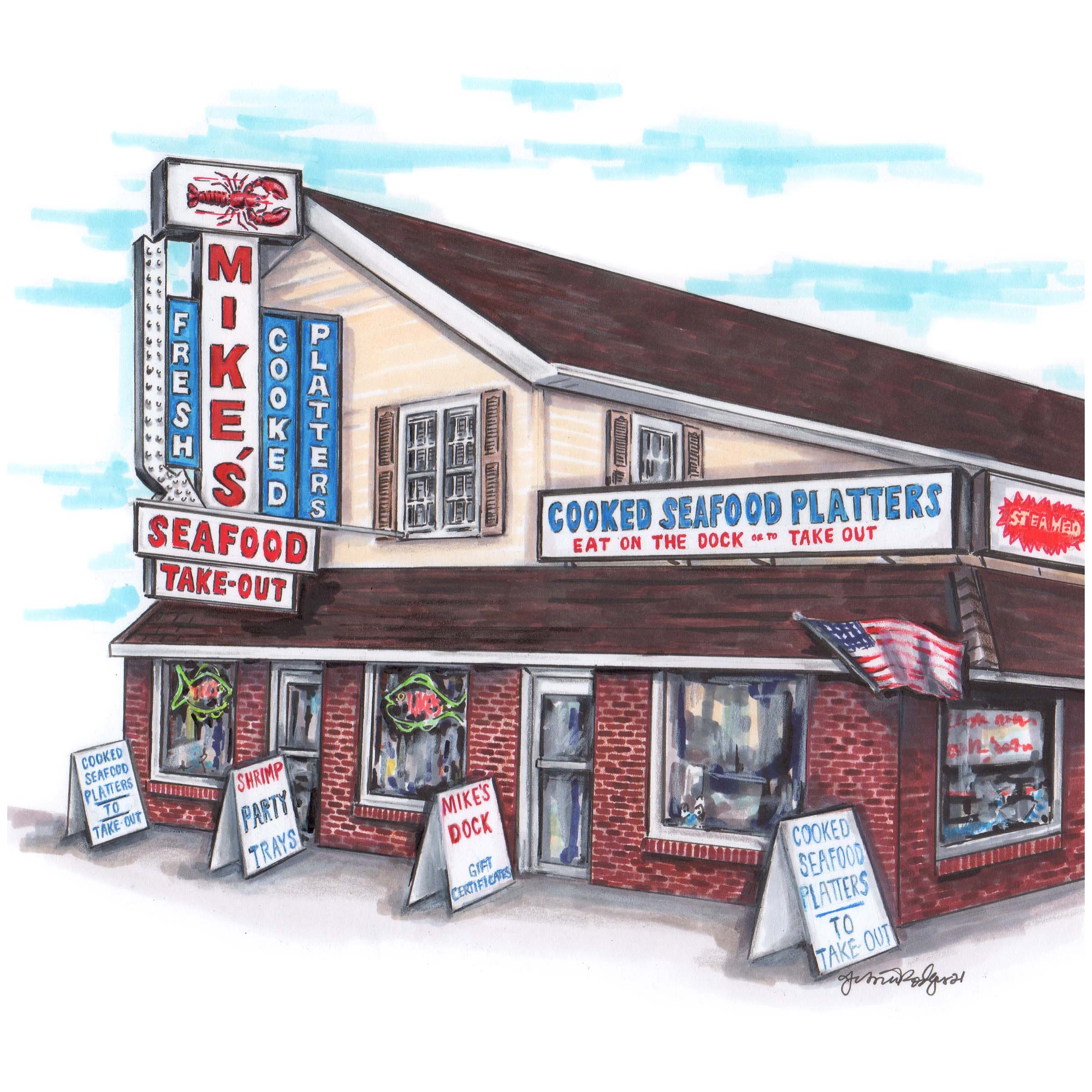 High Quality Art Print Of An Original Pencil & Marker Illustration Mike's Seafood in Sea Isle City Jersey Shore Iconic Seafood