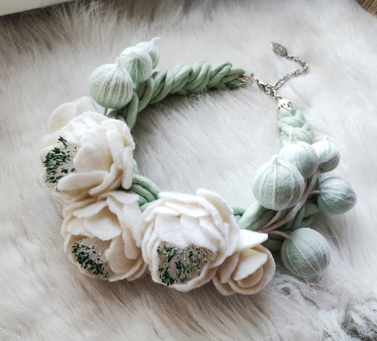 Felt Necklace Wool Felted Jewelry Flower Mint Felted Flowers Gift For Women Designer