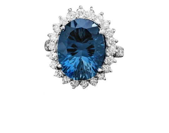 12.50 Carats Natural Blue Topaz & Diamond 14K Solid White Gold Ring