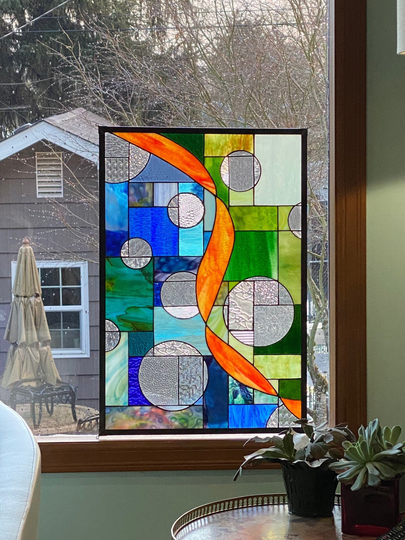 Abstract Stained Glass Window Blue Green Orange 16.5" X 25" One Of A Kind