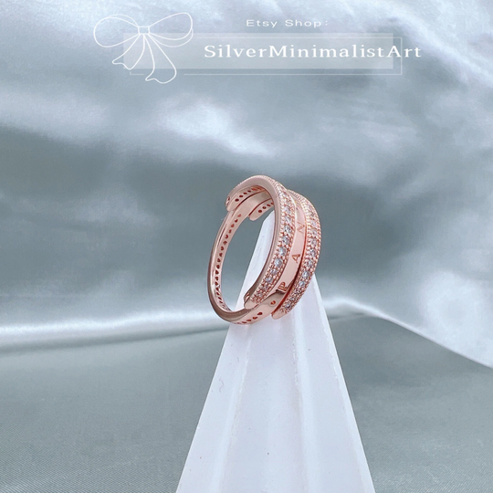 Rose Gold Logo Ring With Clear Cz Rings, Pandora Rings, Women's Rings, Jewelry Finger Rings, Size 48 To 58 Mm