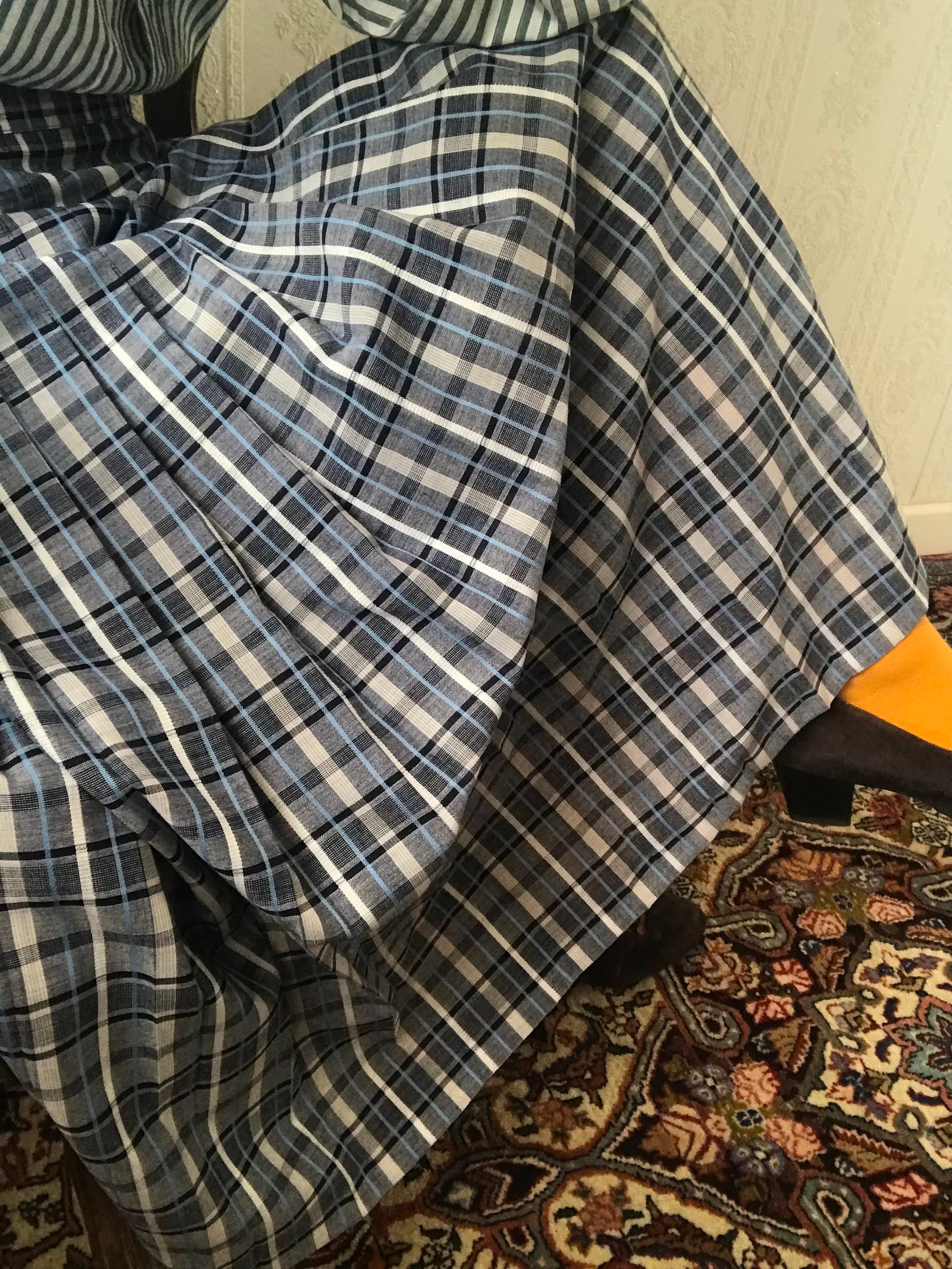 Vintage Blue Checkered Wool Blend Pleated Knee Length Skirt/ Xxl