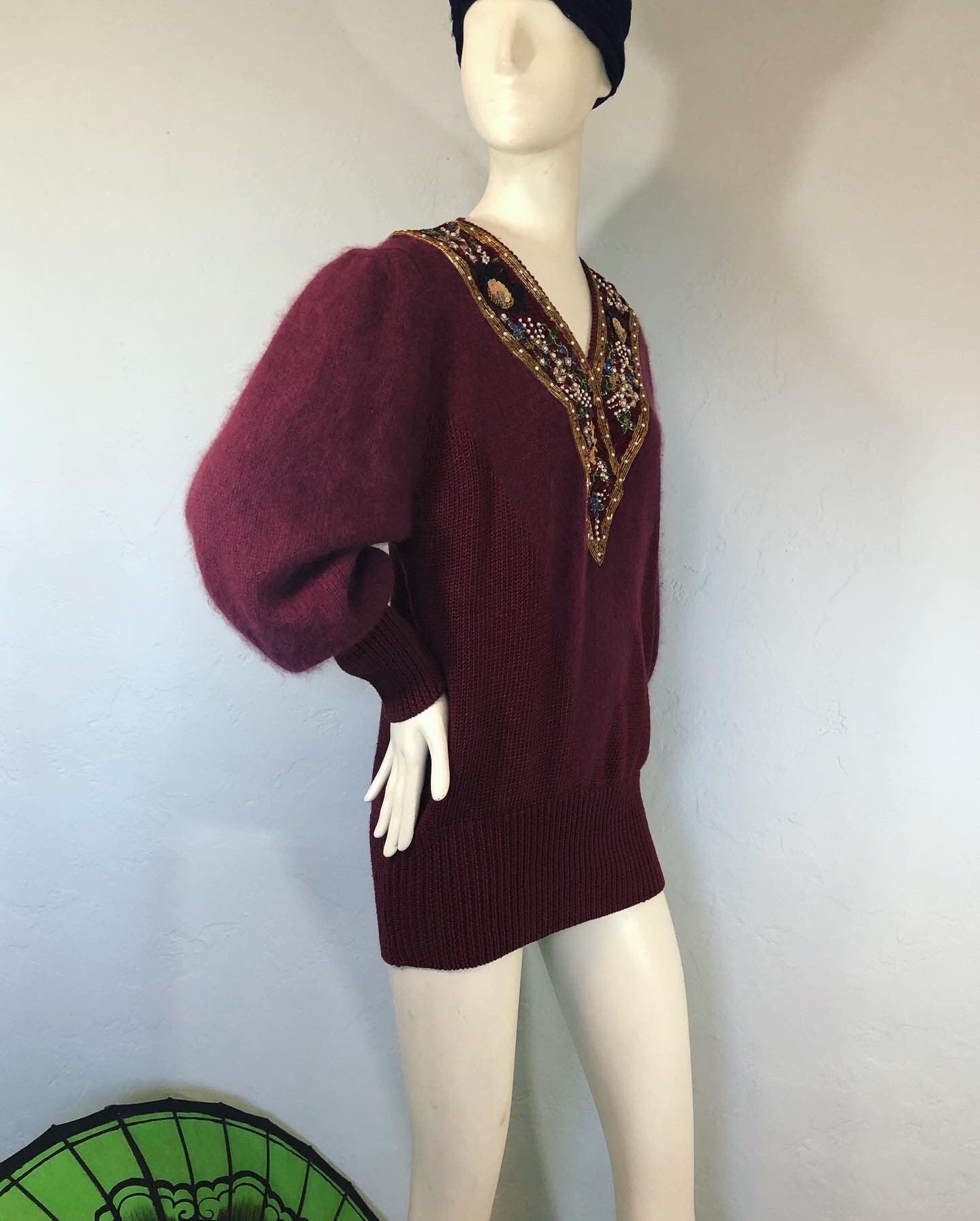 Vintage 1980's Red Garnet Angora Blend Chevron & Blouson Sleeve Embellished Vneck Sweater By Shannan