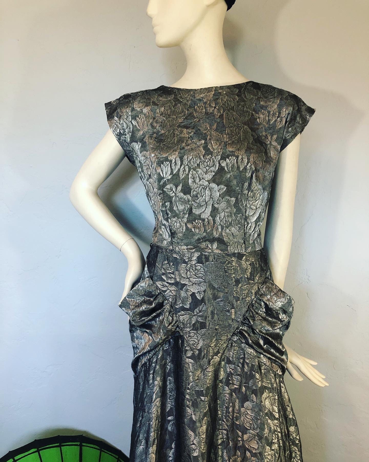 Vintage 1980's Does 1940's Rayon/Poly Blend Metallic Silver/Grey/Black Cross Weave Floral Jacquard Dress With Gorgeous Gathered Pockets