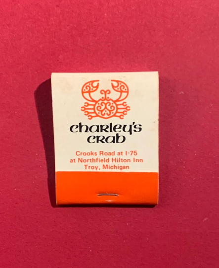 Vintage Matchbook, Charleys Crab, Seafood, Restaurant, Chuck Muer, Troy, Michigan, with 20 Match Sticks, Free Ship in Usa