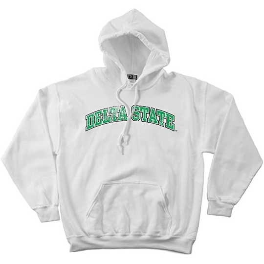 Delta State Statesmen 50/50 Blended 8-Ounce Vintage Arch Hooded Sweatshirt, Small, White
