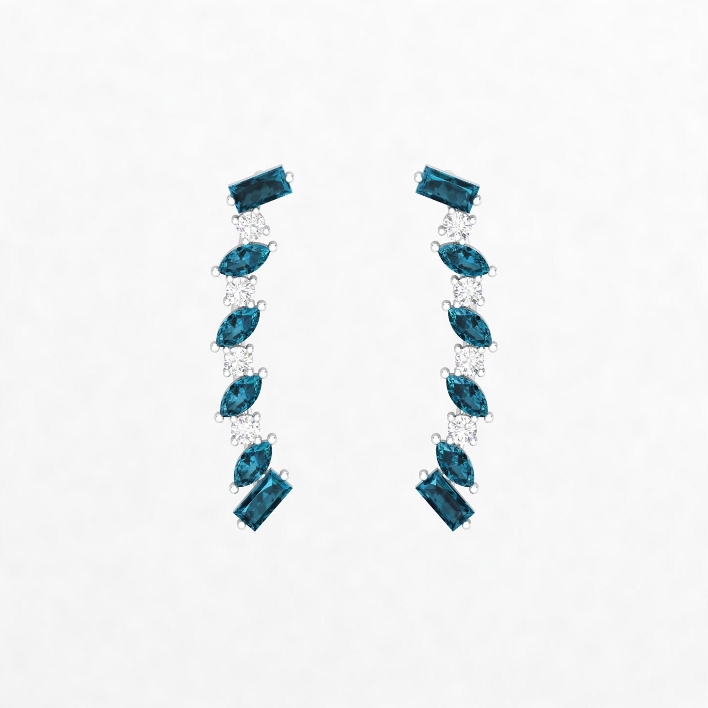 London Blue Topaz Ear Climber, Diamond Piercing, Baguette Earrings For Women, Climbers, Curved Helix Earring