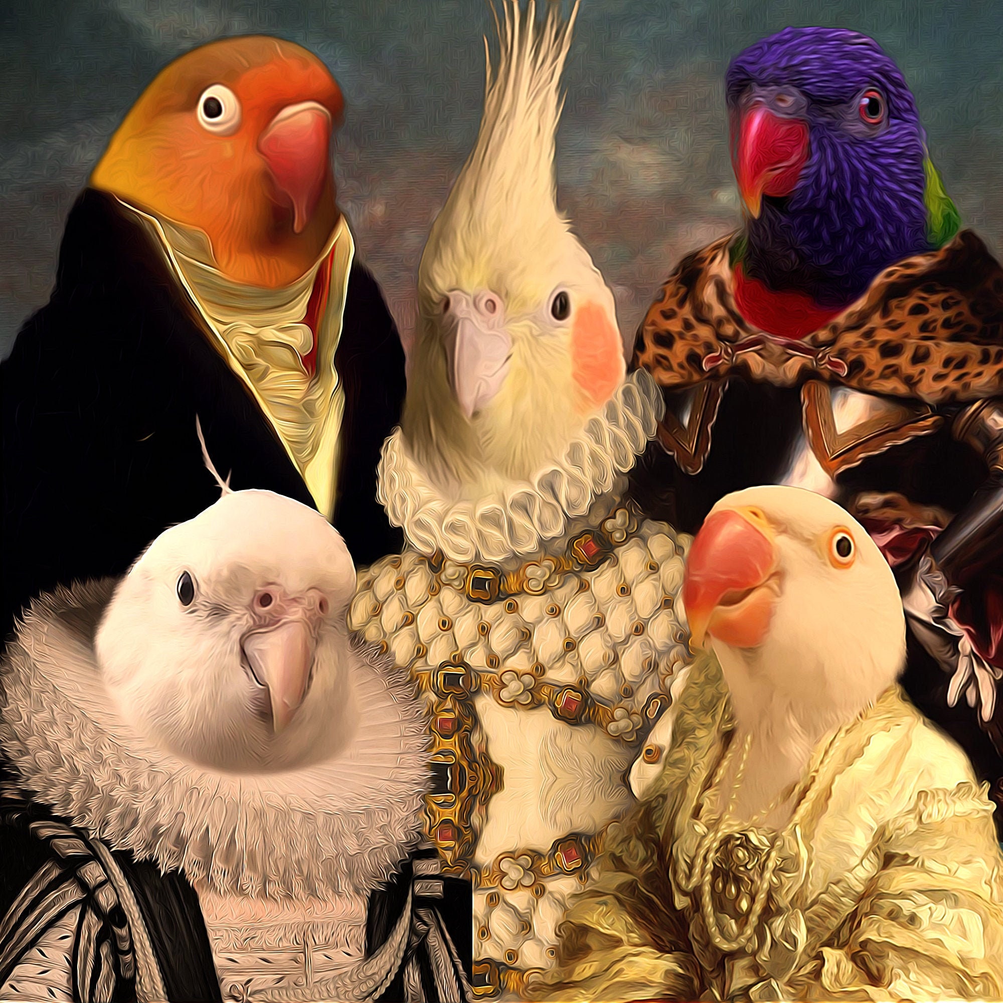 Royal Bird Portrait, Custom Cockatiel Lovebird Portrait, Custom Pet Gift, Renaissance Portrait, Funny Historical